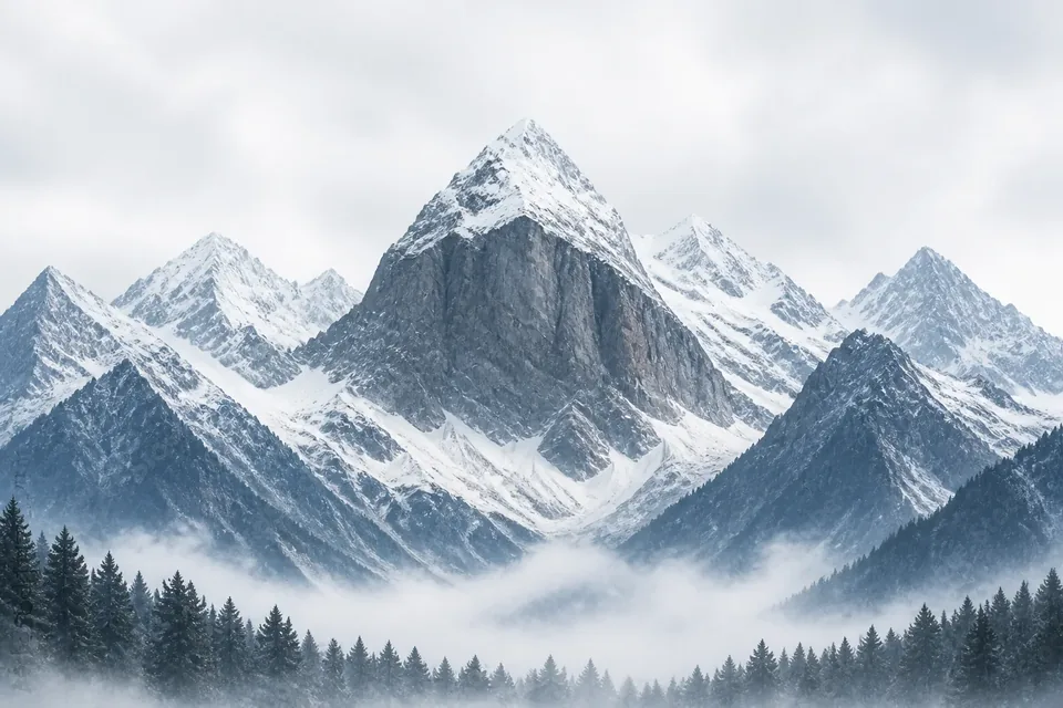 A snowbound ridgeline standing above a fog-filled treeline