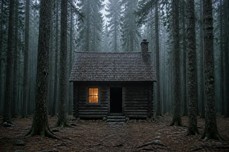 A log cabin with one lit window, deep in a spruce forest