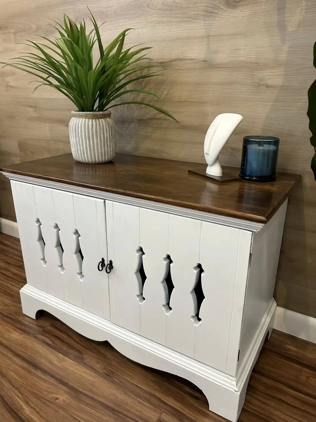 The finished low cabinet seen from the side