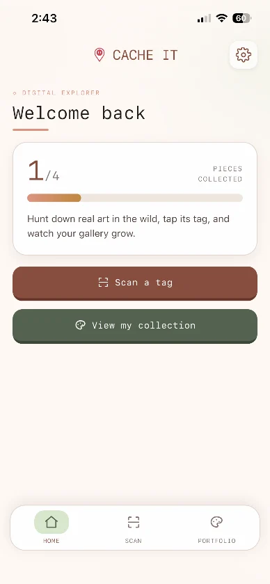 Home screen with a pieces collected counter and a Scan a tag button