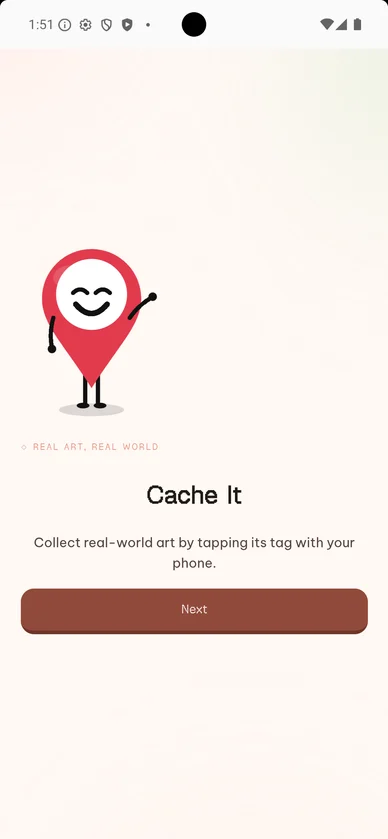 Onboarding screen, Pip waving above the line Collect real-world art by tapping its tag with your phone