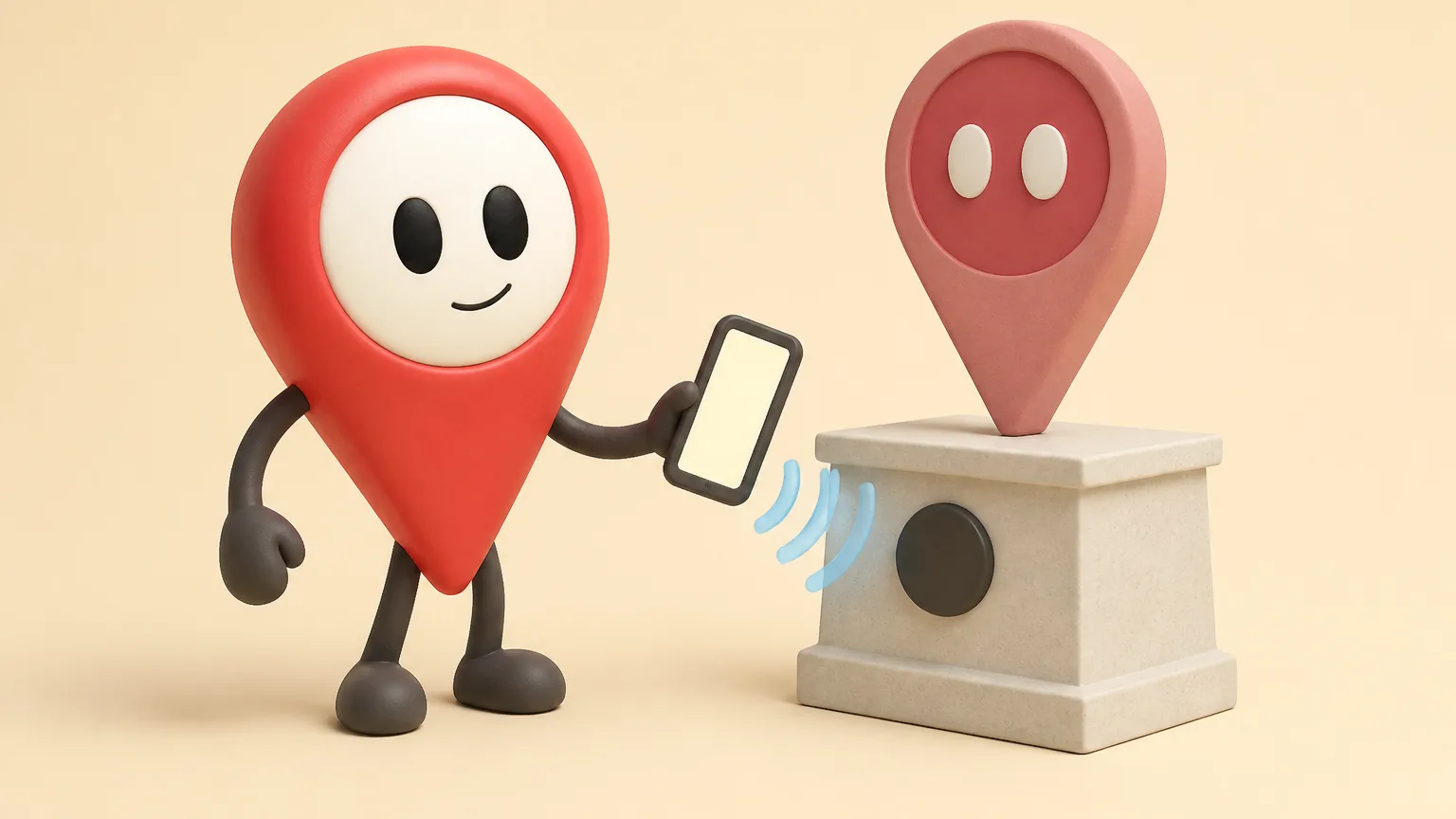 Pip, Cache It's map-pin mascot, holding a phone up to a tagged pedestal to collect it